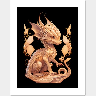 Cute Golden Dragon playing Posters and Art